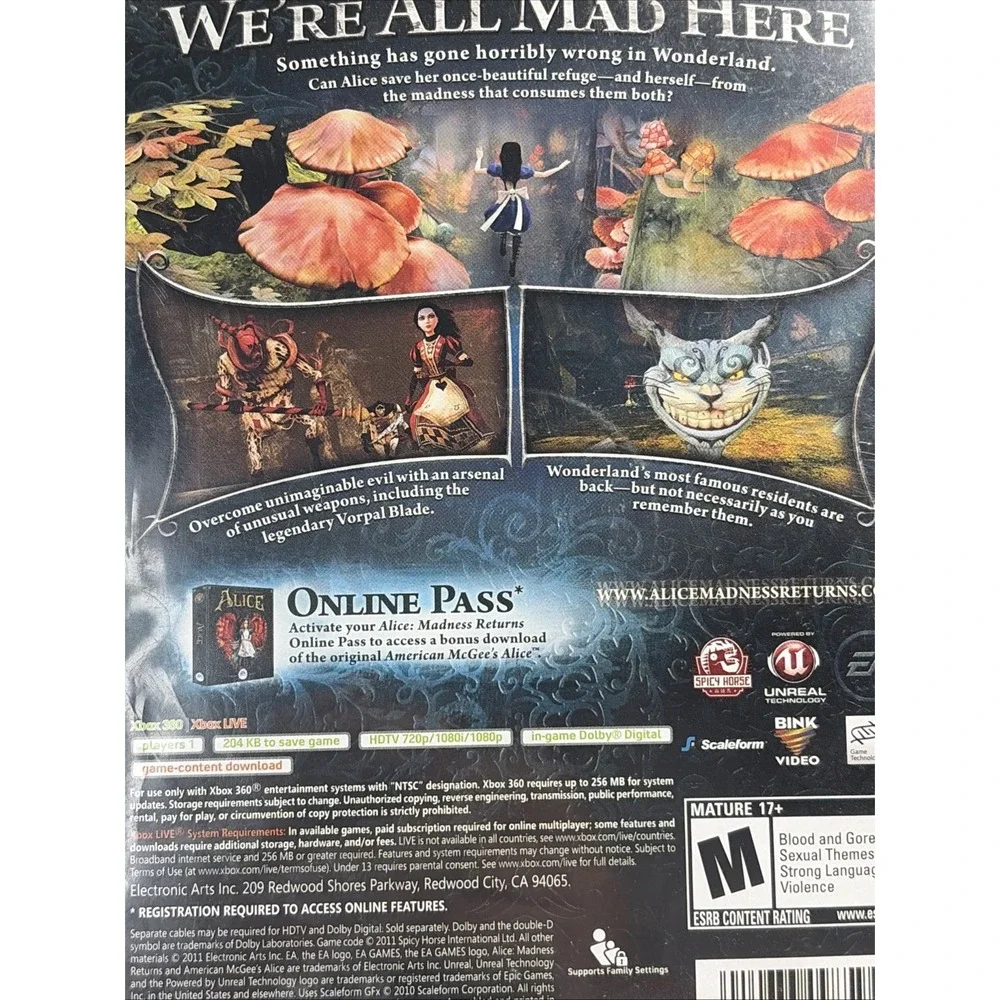 Alice: Madness Returns (Microsoft Xbox 360, 2011) - Disk is Mint T&W- CIB
